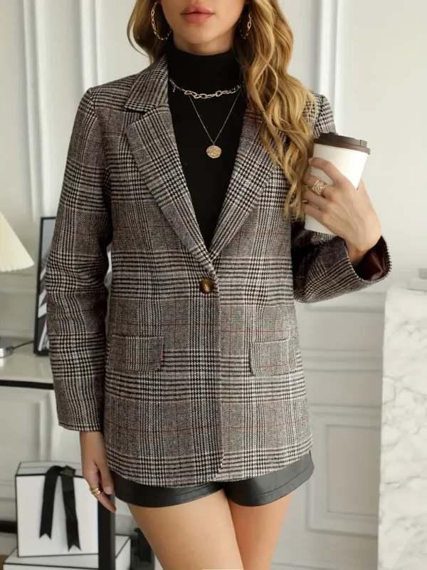 Plaid Pattern Single Breasted Blazer, Elegant Lapel Long Sleeve Blazer For Office & Work, Women's Clothing - Image 4