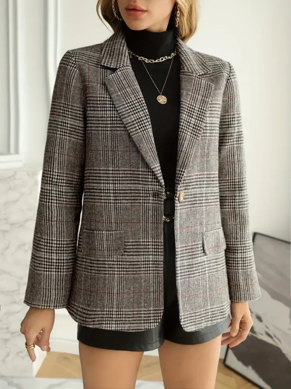 Plaid Pattern Single Breasted Blazer, Elegant Lapel Long Sleeve Blazer For Office & Work, Women's Clothing - Image 5