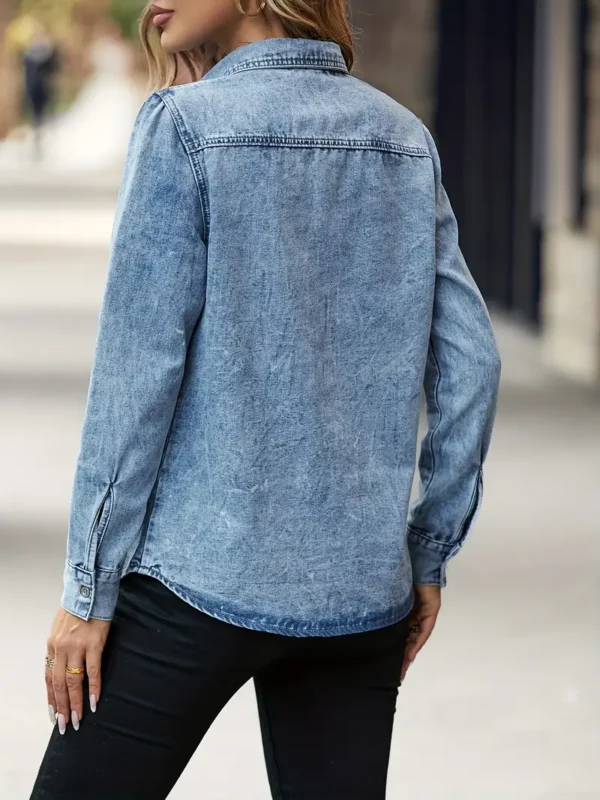 Lapel Neck Pleated Detail Denim Shirts, Long Sleeve Patchwork Loose Fashion Denim Tops, Women's Denim Clothing - Image 5