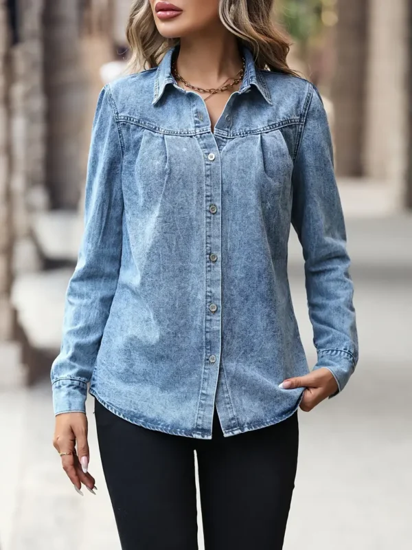 Lapel Neck Pleated Detail Denim Shirts, Long Sleeve Patchwork Loose Fashion Denim Tops, Women's Denim Clothing - Image 7